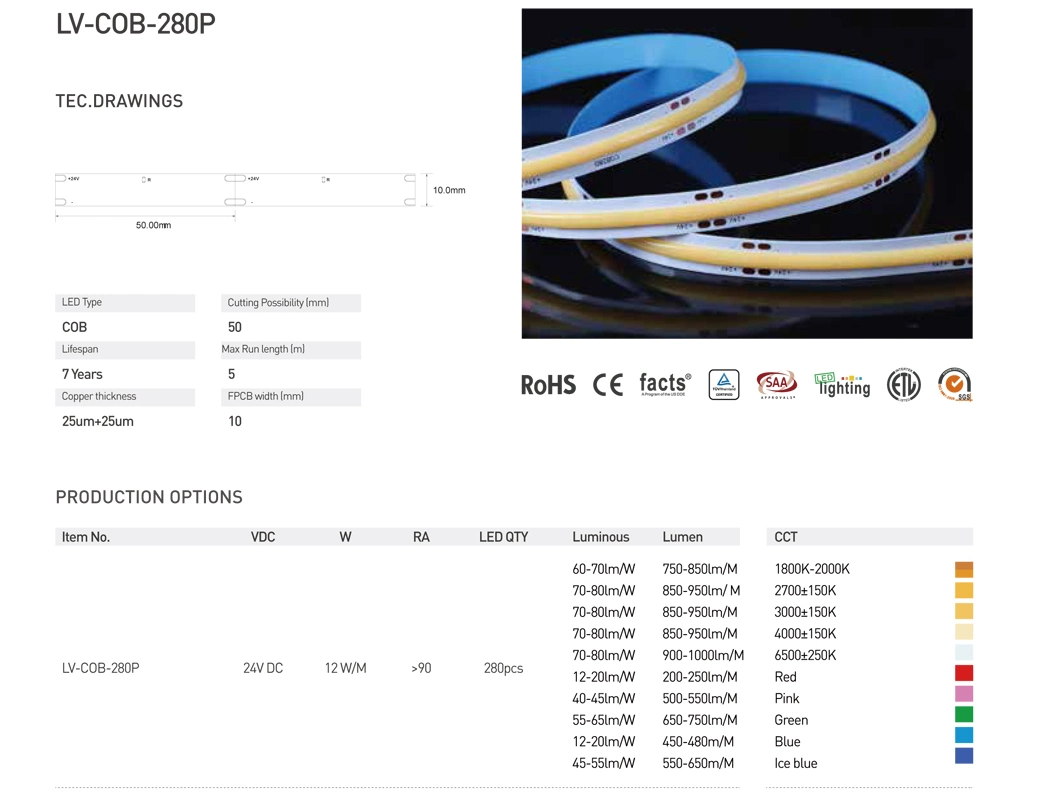 2700K-6500K RGB DC24V Lexible COB LED Strip Light 10W/12W 5m